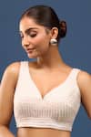 Samyukta Singhania_White Silk Beads, Pearls V-neck Embroidered Padded Blouse _at_Aza_Fashions