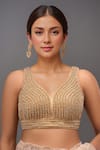 Buy_Samyukta Singhania_Gold Silk Pearls, Zari V-neck Embroidered Padded Blouse _at_Aza_Fashions