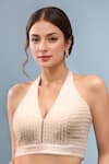 Buy_Samyukta Singhania_White Silk Pearls, Beads Halter Neck Padded Embroidered Blouse _at_Aza_Fashions