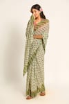 Shop_Ruar India_Green Chiffon V-neck Floral Print Saree Set _at_Aza_Fashions