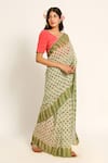 Ruar India_Green Chiffon V-neck Floral Print Saree Set _Online_at_Aza_Fashions