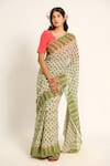 Buy_Ruar India_Green Chiffon V-neck Floral Print Saree Set _at_Aza_Fashions