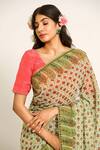 Shop_Ruar India_Green Chiffon V-neck Floral Print Saree Set _Online_at_Aza_Fashions