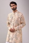 Spring Break_Cream Cotton, Linen Tropical Print Kurta Set _at_Aza_Fashions