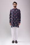 Spring Break_Navy Cotton And Gold Leaf Print Kurta Set _at_Aza_Fashions