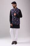 Buy_Spring Break_Black Satin, Navy And Gold Leaf Print Kurta Set _at_Aza_Fashions