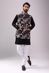 Buy_Spring Break_Black Satin, Floral Digital Print Jacket Kurta Set _at_Aza_Fashions