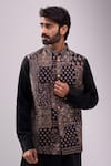 Spring Break_White Satin, Embroidery Black And Gold Paisley Print Jacket Set _at_Aza_Fashions