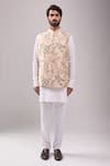 Shop_Spring Break_Beige , Linen, Satin Tropical Print Jacket Kurta Set _Online_at_Aza_Fashions