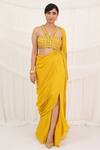 Buy_Aurouss_Yellow Georgette, Tulle Sequins, Embroidery V-neck Sunroot Pre-draped Saree Set 