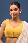 Samyukta Singhania_Yellow Silk Beads V-neck Crystal Embellished Blouse _Online_at_Aza_Fashions