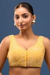 Shop_Samyukta Singhania_Yellow Silk Beads V-neck Crystal Embellished Blouse _Online_at_Aza_Fashions