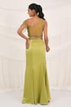 Aurouss_Green Satin, Tulle Beads Asymmetric Designer Draped Skirt And Padded Blouse Set _Online_at_Aza_Fashions