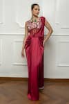Buy_Isha Regalia_Maroon Satin, Net Embroidery V-neck Drape Saree Set _at_Aza_Fashions