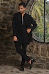 Shop_Hilo Design_Black Suede Embroidery Designer Bandhgala And Pant Set _at_Aza_Fashions