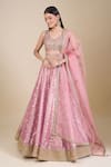 Buy_Shyam Narayan Prasad_Pink Tissue Sequins, Zari, Embroidery V-neck Zardozi Lehenga Set _at_Aza_Fashions