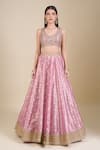 Buy_Shyam Narayan Prasad_Pink Tissue Sequins, Zari, Embroidery V-neck Zardozi Lehenga Set _Online_at_Aza_Fashions