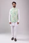 Buy_Spring Break_Green Satin, Botanical Print Jacket Kurta Set _at_Aza_Fashions