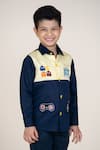Little Boys Closet_Blue Cotton Satin Embroidery And Yellow Designer Shirt _Online_at_Aza_Fashions