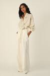 Payal Pratap_Ivory Linen Canina Belted Wide Leg Pants _Online_at_Aza_Fashions