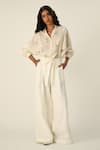 Buy_Payal Pratap_Ivory Linen Canina Belted Wide Leg Pants _at_Aza_Fashions