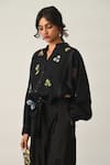 Payal Pratap_Black Handloom Cotton Embroidery Collared Eglantyne Panelled Shirt _Online_at_Aza_Fashions