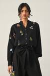 Buy_Payal Pratap_Black Handloom Cotton Embroidery Collared Eglantyne Panelled Shirt _Online_at_Aza_Fashions