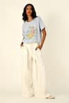 Payal Pratap_Blue Linen Embroidery Round Neck Top _at_Aza_Fashions
