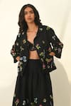 Payal Pratap_Black Viscose, Linen Embroidery Round Neck Stellata Cross Stitch Jacket _at_Aza_Fashions