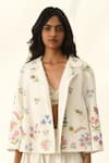 Payal Pratap_Beige Viscose, Linen Embroidery Round Neck Stellata Cross Stitch Jacket _Online_at_Aza_Fashions