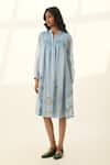Buy_Payal Pratap_Blue Cotton, Silk Embroidery V-neck Flowy Tunic Dress With _at_Aza_Fashions