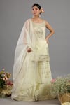 Buy_Saina Kapoor_Beige Chanderi, Organza Embroidery, Sequins Round Neck Gharara Set With Dupatta 
