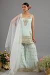 Buy_Saina Kapoor_Mint Chanderi, Organza Sequins, Beads Square Green Embellished Kurta Gharara Set _at_Aza_Fashions