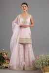 Saina Kapoor_Pink Chanderi, Organza Sequins, Embroidery V-neck Kurta Gharara Set _at_Aza_Fashions