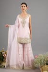 Buy_Saina Kapoor_Pink Chanderi, Organza Sequins, Embroidery V-neck Kurta Gharara Set _at_Aza_Fashions