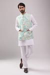 Buy_Spring Break_Blue Satin, Embroidery Botanical Print Jacket Kurta Set _at_Aza_Fashions