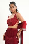 Buy_Aurouss_Red Organza, Satin, Twill, Spandex Embroidery, Beads, Sequins Scoop Lehenga Set 