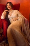 Buy_Seema Gujral_Beige Net Sequins, Crystals, Tassels Plunge Neck Embroidered Saree Set _at_Aza_Fashions