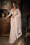 Shop_Seema Gujral_Beige Net Sequins, Crystals, Tassels Plunge Neck Embroidered Saree Set _Online_at_Aza_Fashions