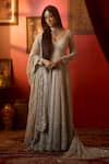 Buy_Abhinav Mishra_Ivory Net Mirrors V-neck Linear Embroidered Anarkali Set _at_Aza_Fashions