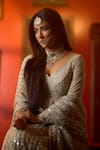 Abhinav Mishra_Ivory Net Mirrors V-neck Linear Embroidered Anarkali Set _Online