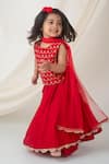 Label Neeti_Red Muslin, Silk, Net Sequins, Lace Embroidered Blouse Layered Lehenga Set _Online_at_Aza_Fashions
