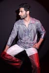 Buy_Label Muslin_Blue Satin Designer Striped T-shirt _at_Aza_Fashions