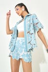 Shop_Qala Clothing_Blue Denim Cut Work Collared Light Embroidered Co-ord Set _Online_at_Aza_Fashions