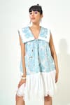 Qala Clothing_Blue Denim, Cotton, Poplin Lace Scoop Neck Light Embroidered Cutwork Dress _Online_at_Aza_Fashions