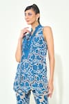 Shop_Qala Clothing_Blue Denim Embroidery, Cut Work High Neck Co-ord Set _Online_at_Aza_Fashions