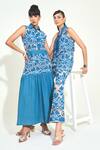 Qala Clothing_Blue Denim Embroidery Collared Soleil Cutwork Maxi Dress _Online_at_Aza_Fashions