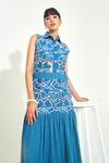 Buy_Qala Clothing_Blue Denim Embroidery Collared Soleil Cutwork Maxi Dress _Online_at_Aza_Fashions