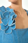 Shop_Qala Clothing_Blue Denim Fabric Flowers Square Neck Dark Structure Short Dress _Online_at_Aza_Fashions