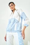 Qala Clothing_Blue Denim Lace Round Neck Light Jacket And Pant Set _Online_at_Aza_Fashions